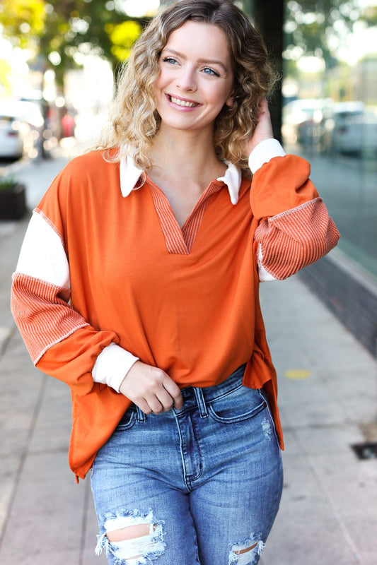 Rust Color Block Collared French Terry Top