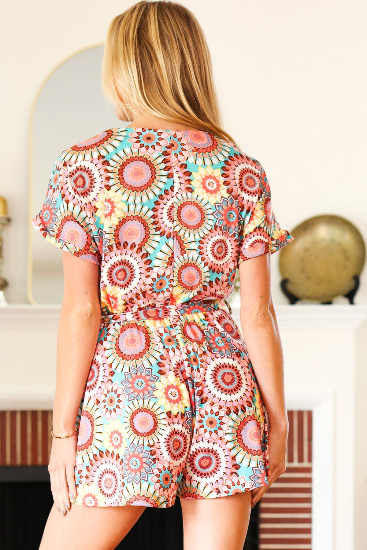 Multicolor Mandala Boho Surplice Tie Waist Romper