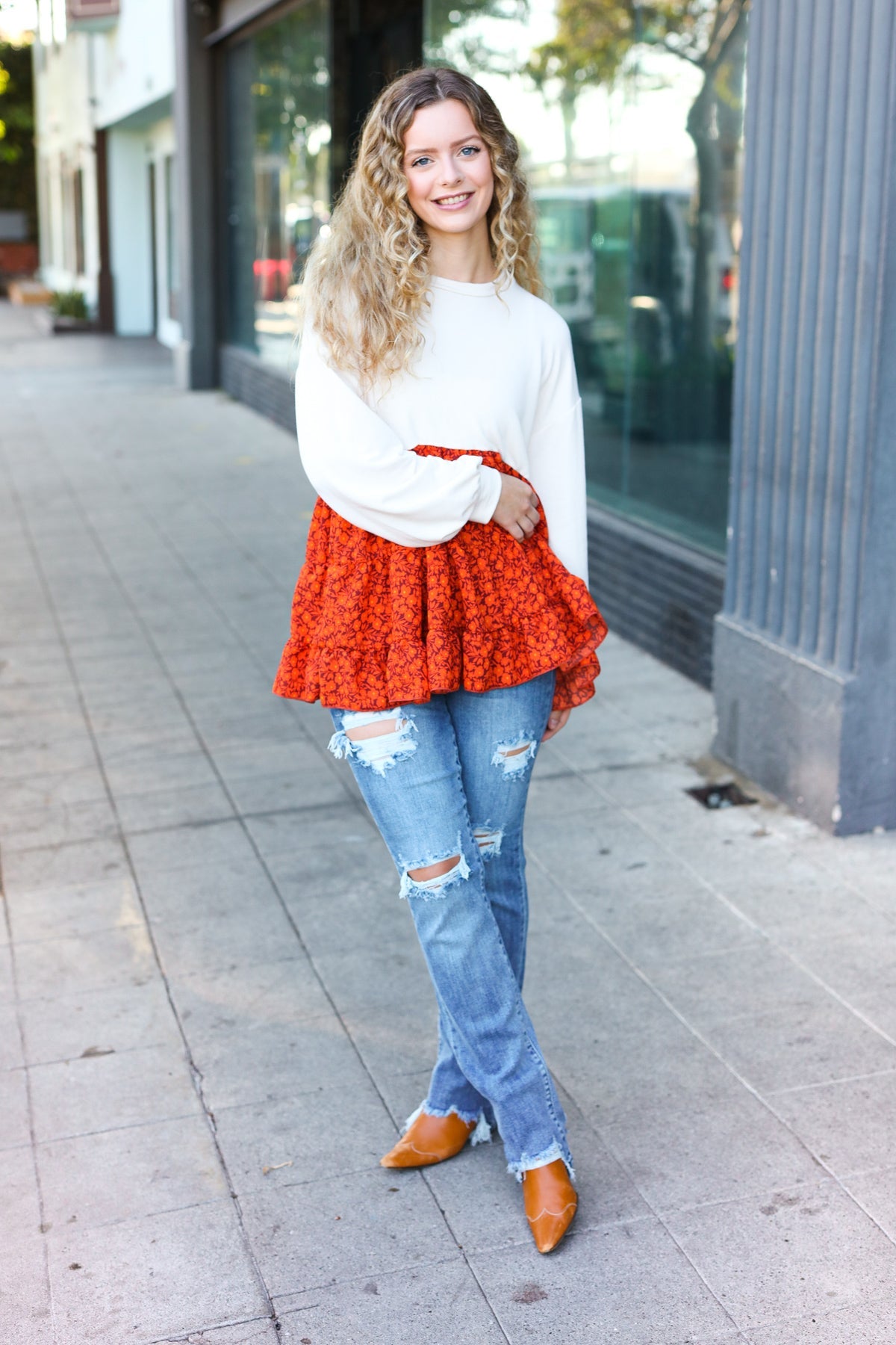 Oatmeal Floral Tiered Babydoll Top