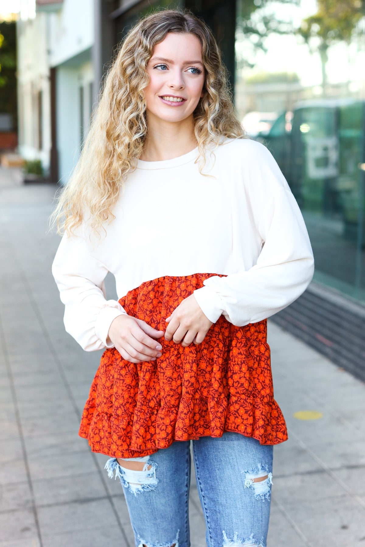 Oatmeal Floral Tiered Babydoll Top