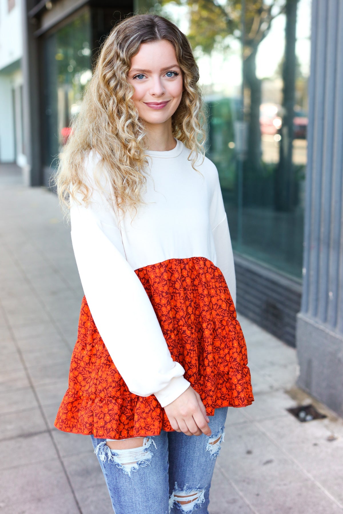 Oatmeal Floral Tiered Babydoll Top