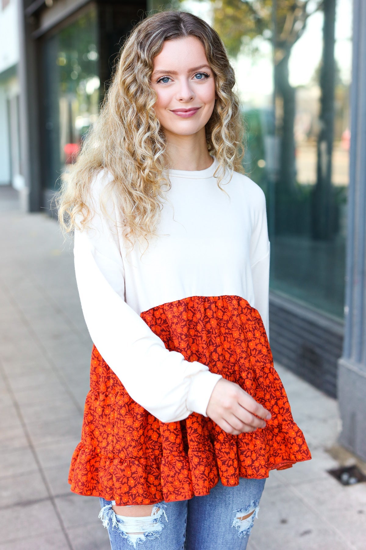 Oatmeal Floral Tiered Babydoll Top