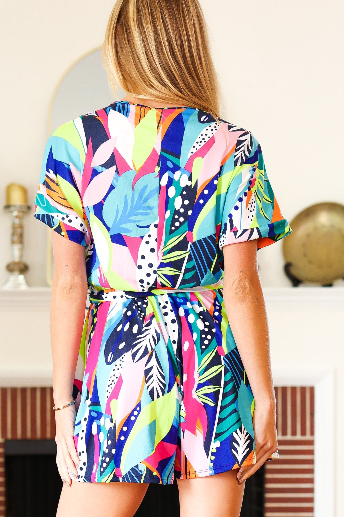 Multicolor Tropical Print Surplice Tie Waist Romper