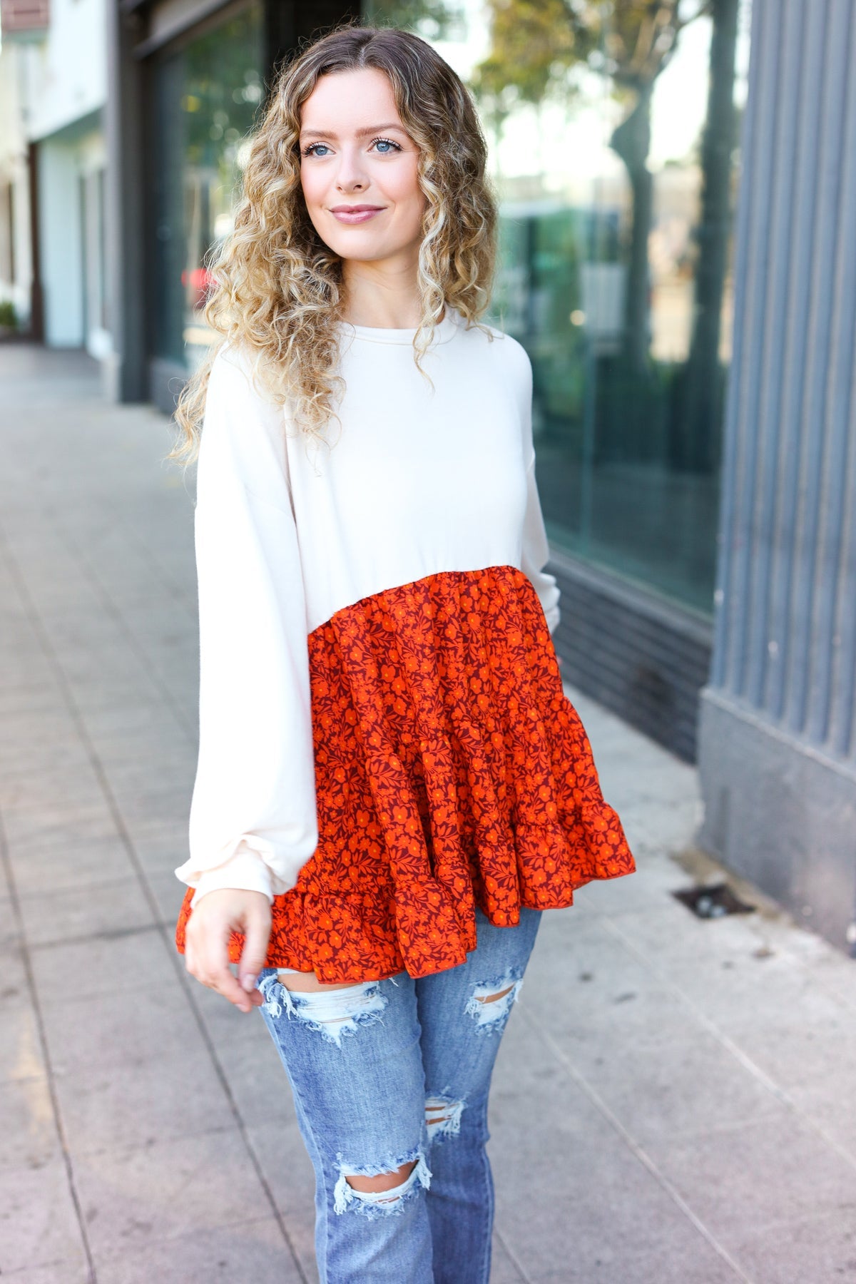 Oatmeal Floral Tiered Babydoll Top