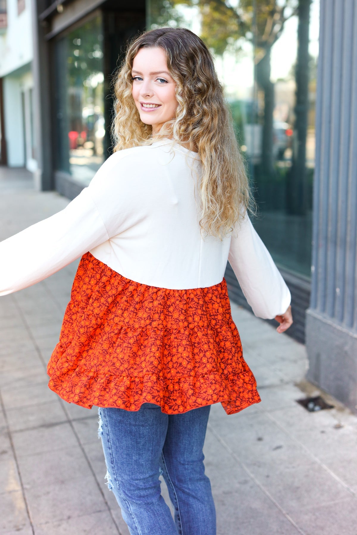 Oatmeal Floral Tiered Babydoll Top