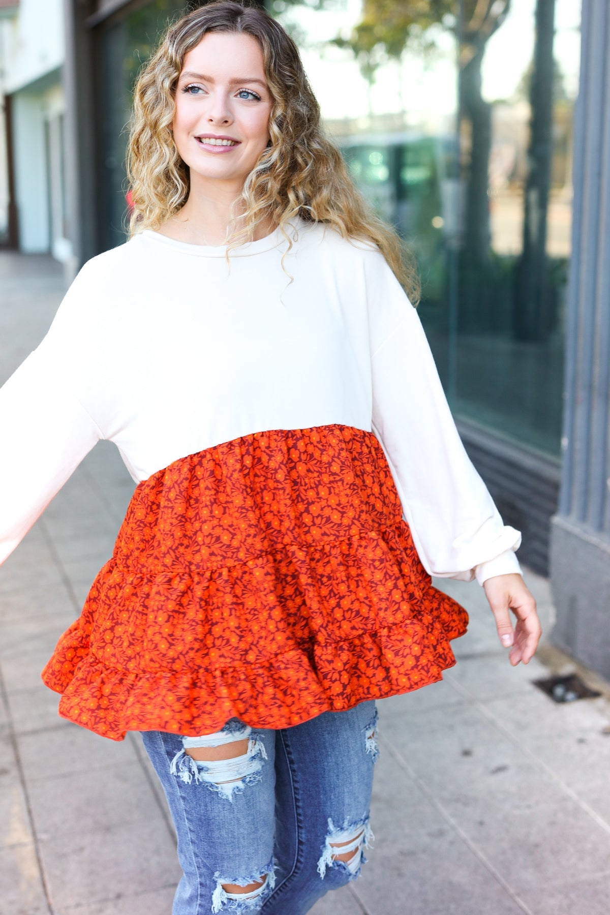 Oatmeal Floral Tiered Babydoll Top