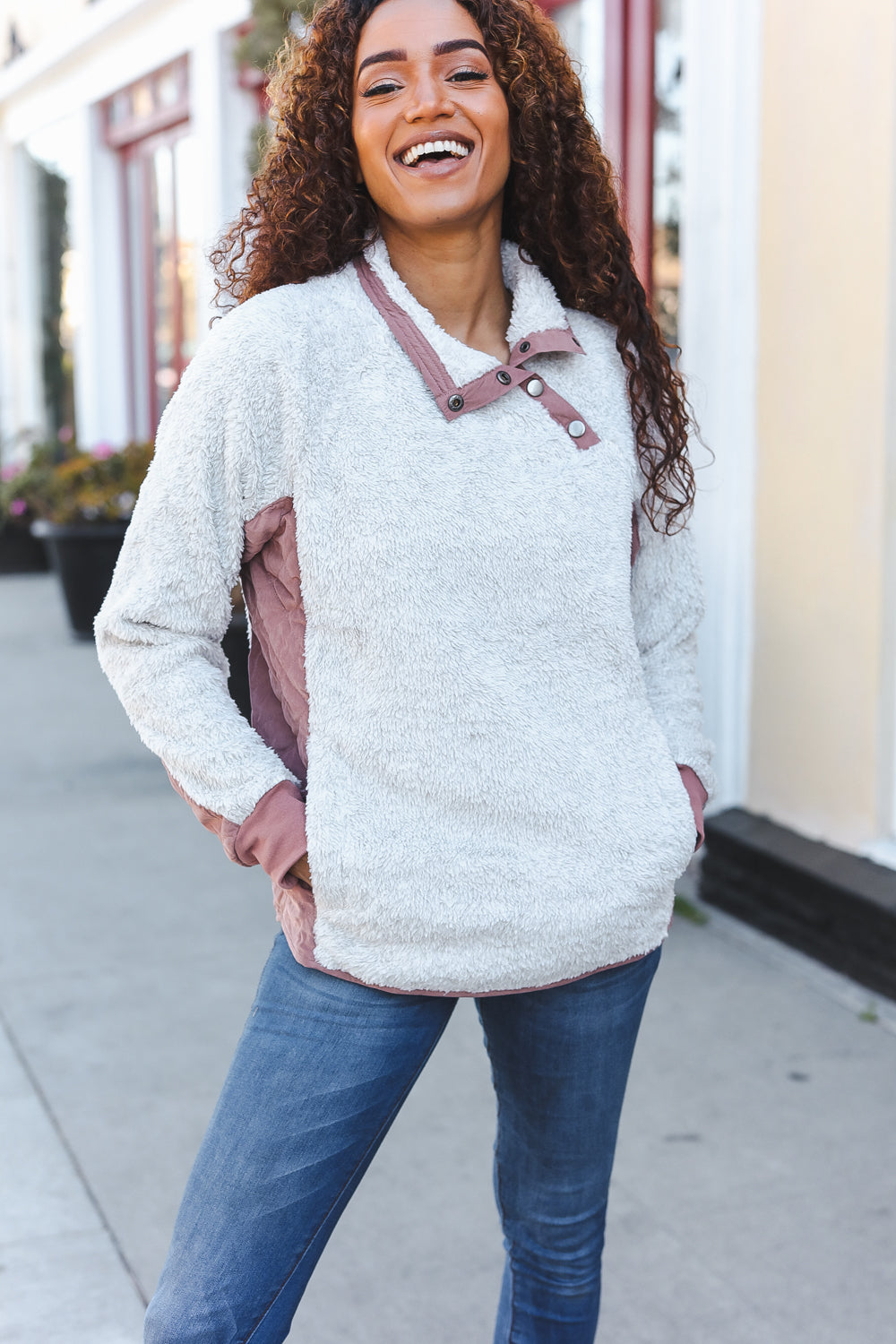 Ivory Sherpa Quilted Snap Button Pullover