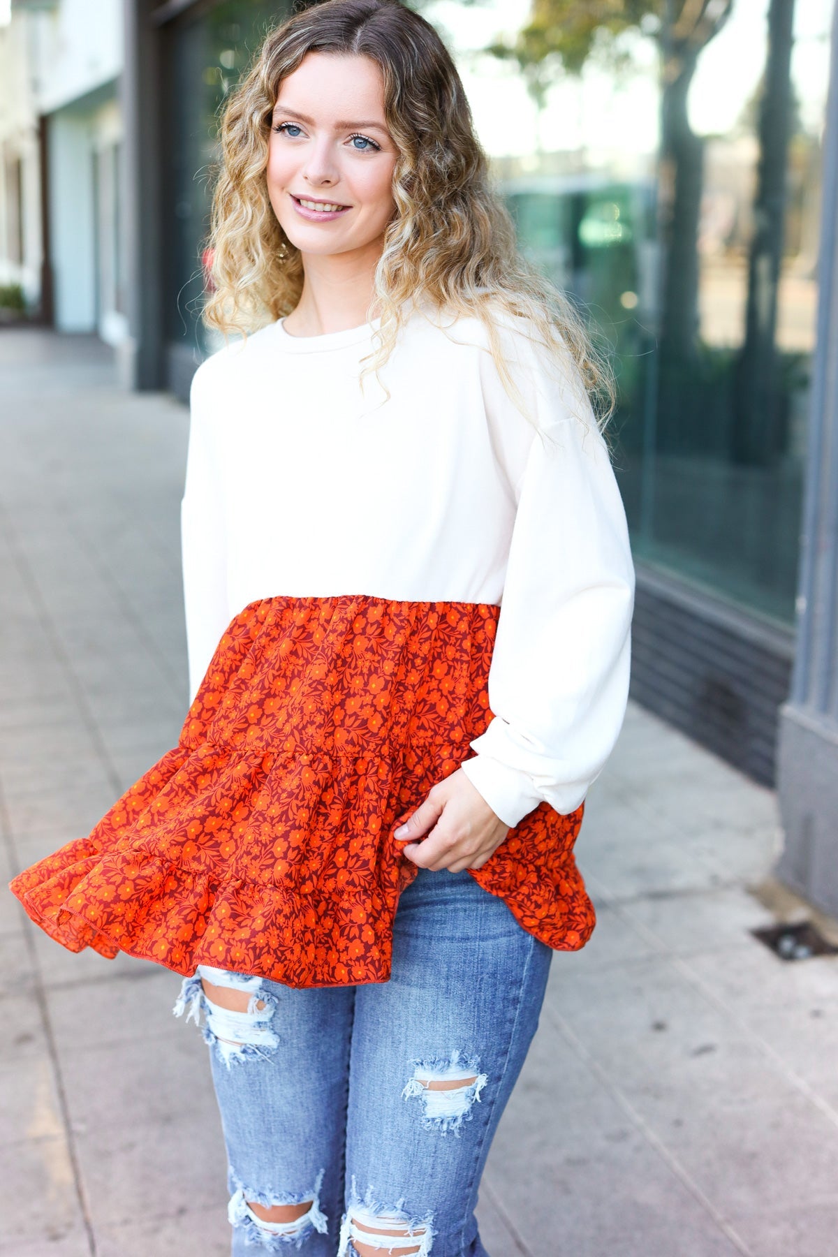 Oatmeal Floral Tiered Babydoll Top