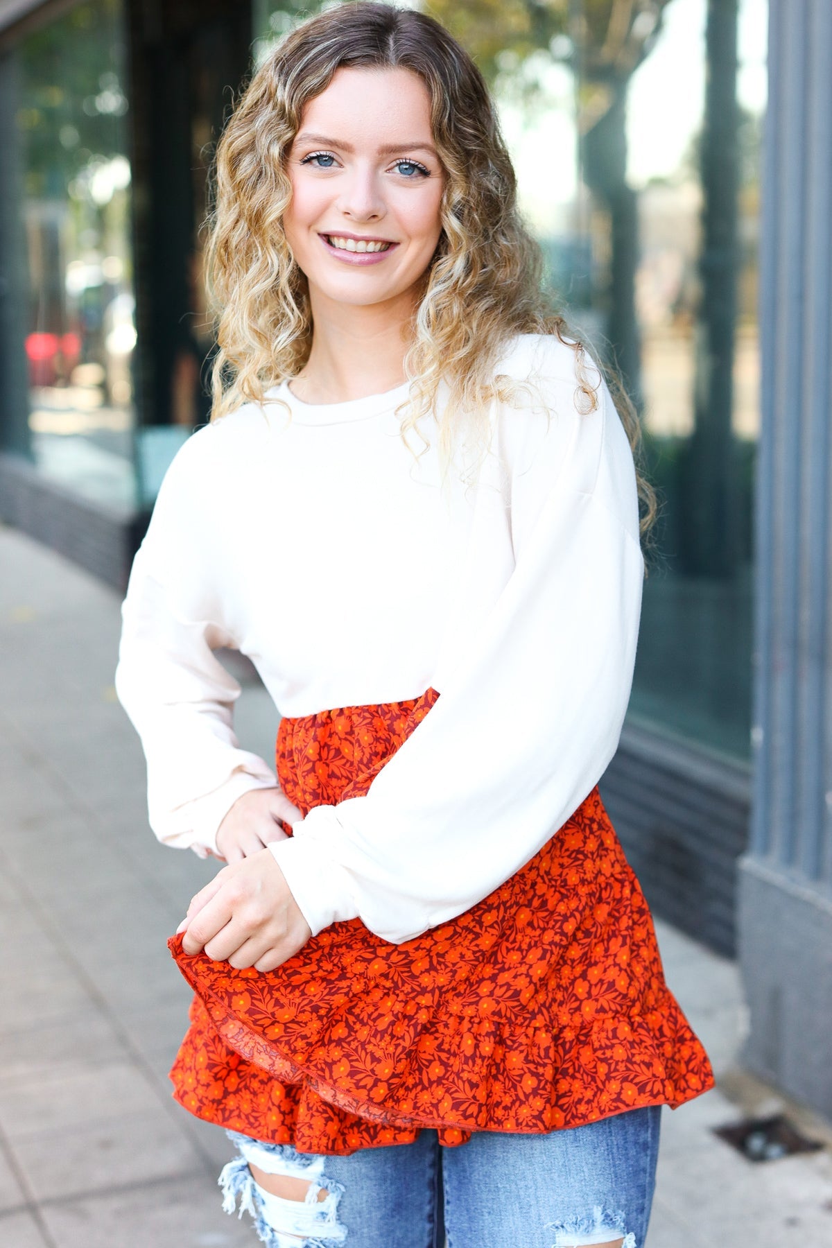 Oatmeal Floral Tiered Babydoll Top