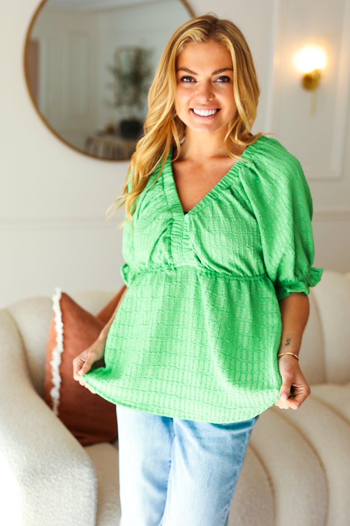 Kelly Green Textured V Neck Babydoll Top