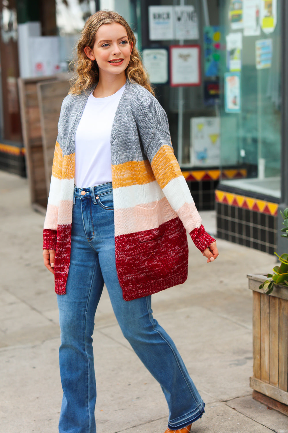 Grey & Camel Color Block Open Cardigan