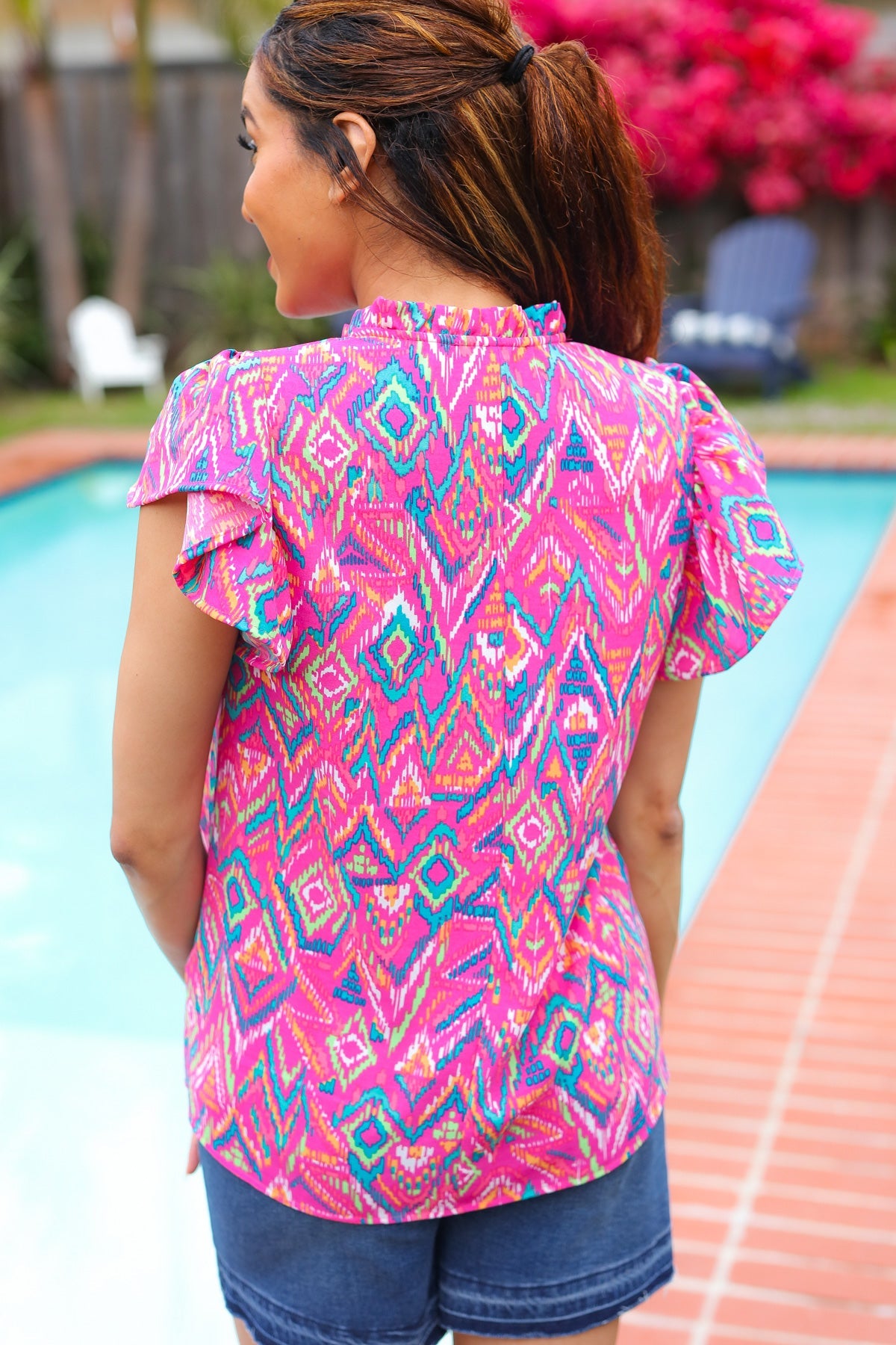 Fuchsia Boho Ikat Frill Notch Neck Top