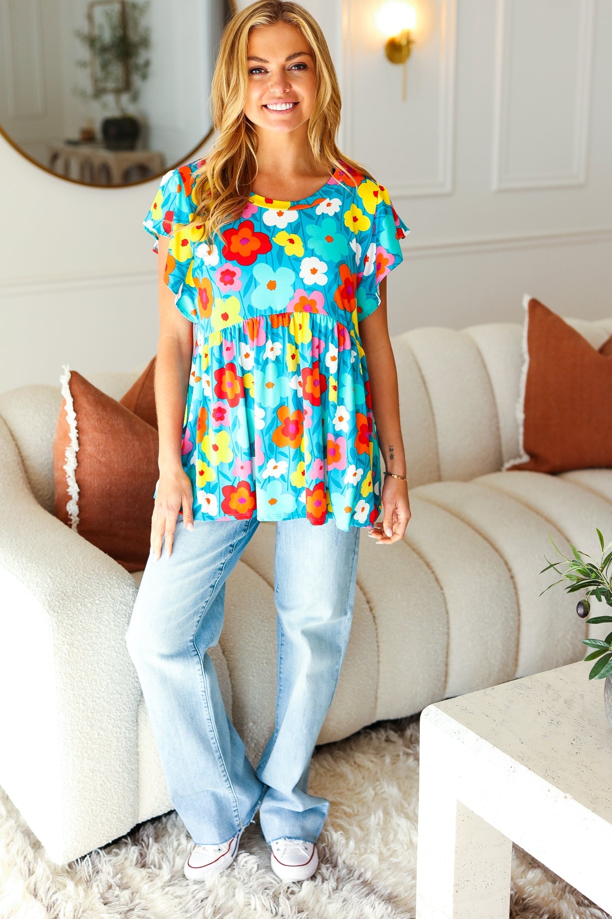 Blue Floral Print Ruffle Sleeve Babydoll Top