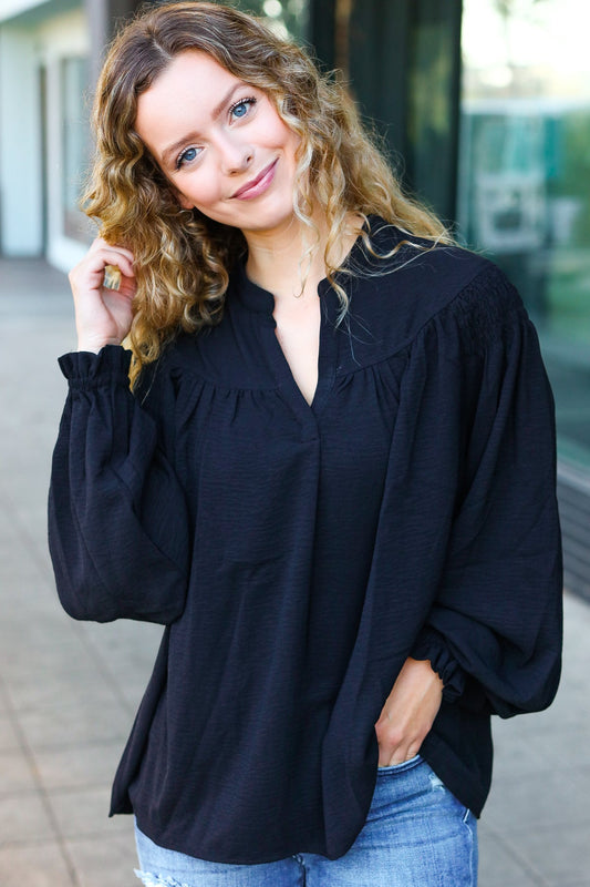 Black Notched Neck Smocked Bubble Sleeve Top