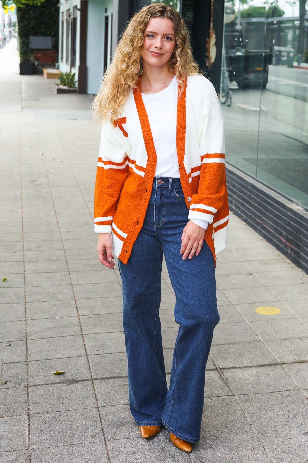 Burnt Orange "T" Embroidered Cardigan