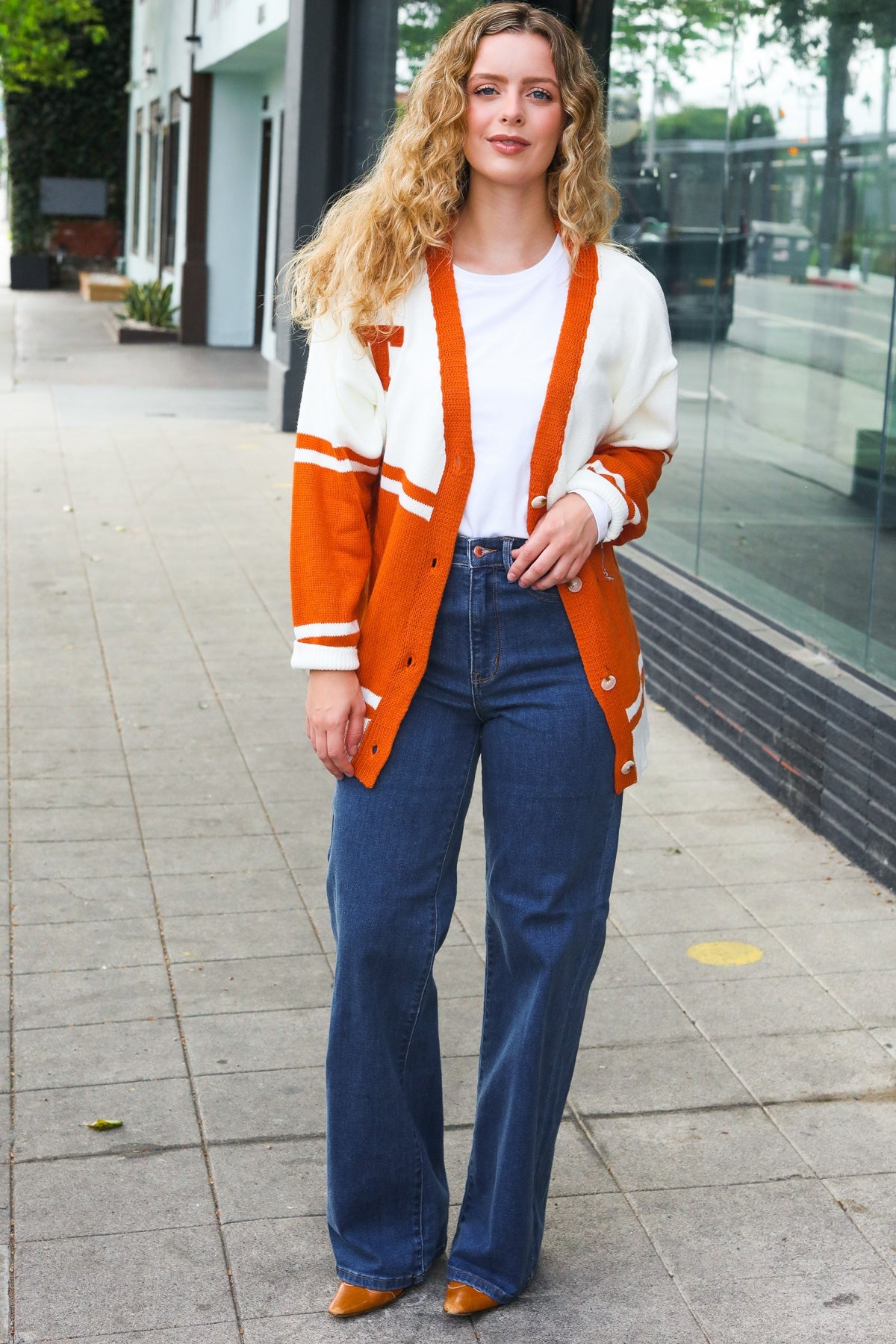 Burnt Orange "T" Embroidered Cardigan