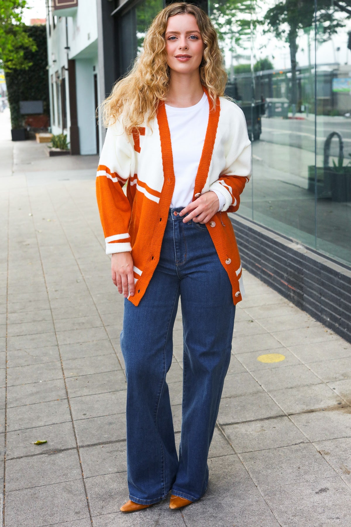 Burnt Orange "T" Embroidered Cardigan