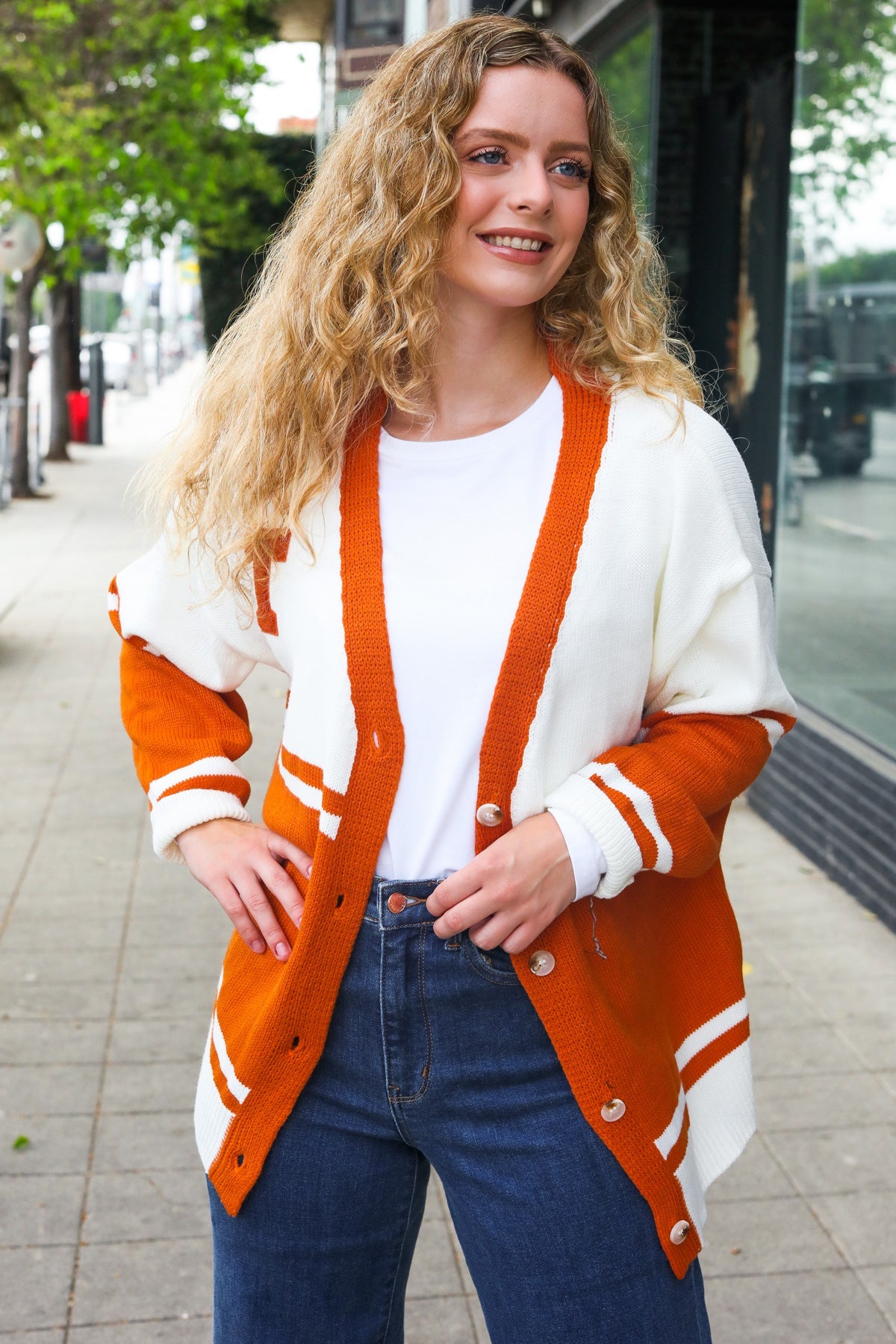 Burnt Orange "T" Embroidered Cardigan