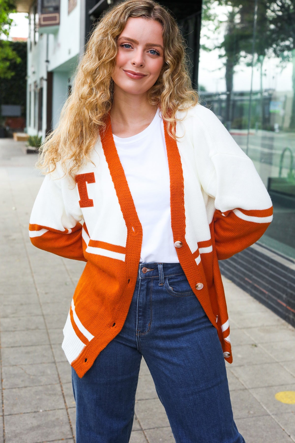 Burnt Orange "T" Embroidered Cardigan