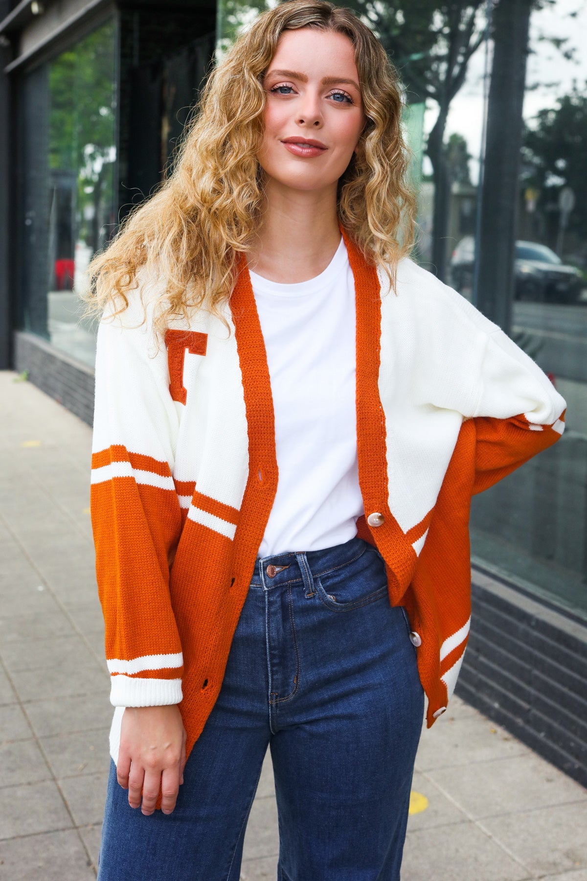 Burnt Orange "T" Embroidered Cardigan