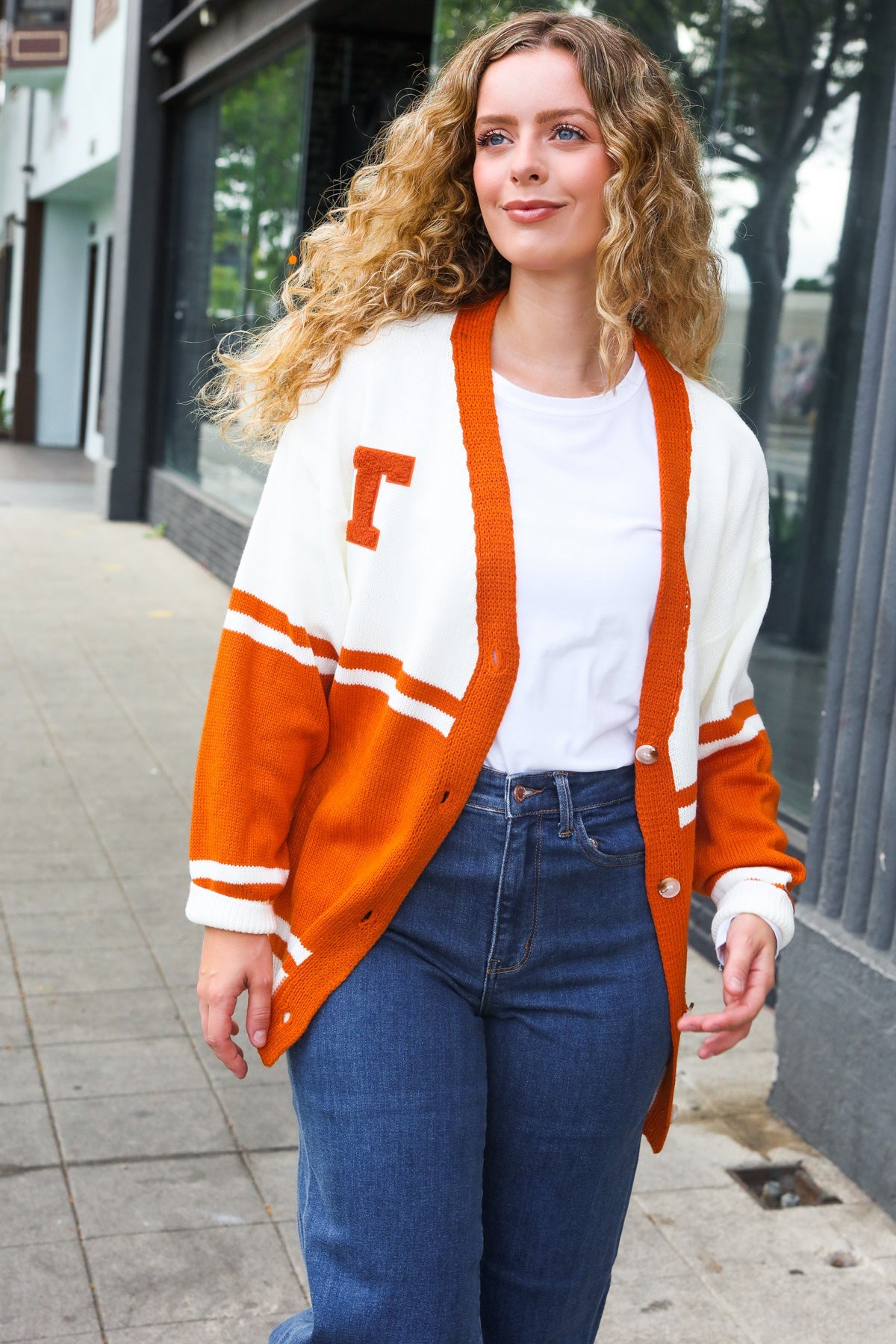 Burnt Orange "T" Embroidered Cardigan