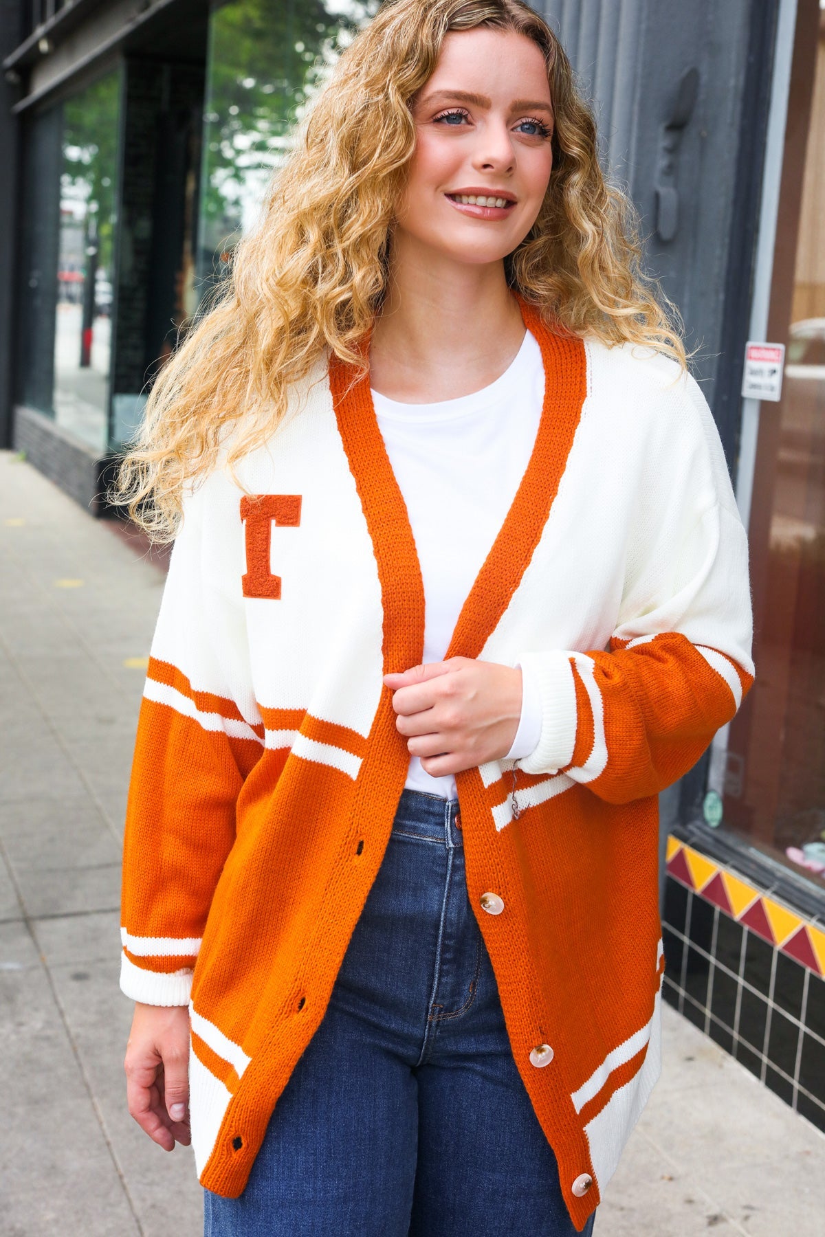 Burnt Orange "T" Embroidered Cardigan