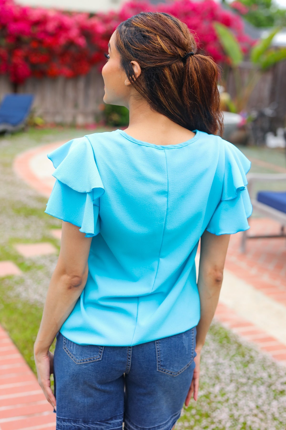 Blue Tiered Double Ruffle Sleeve Woven Top