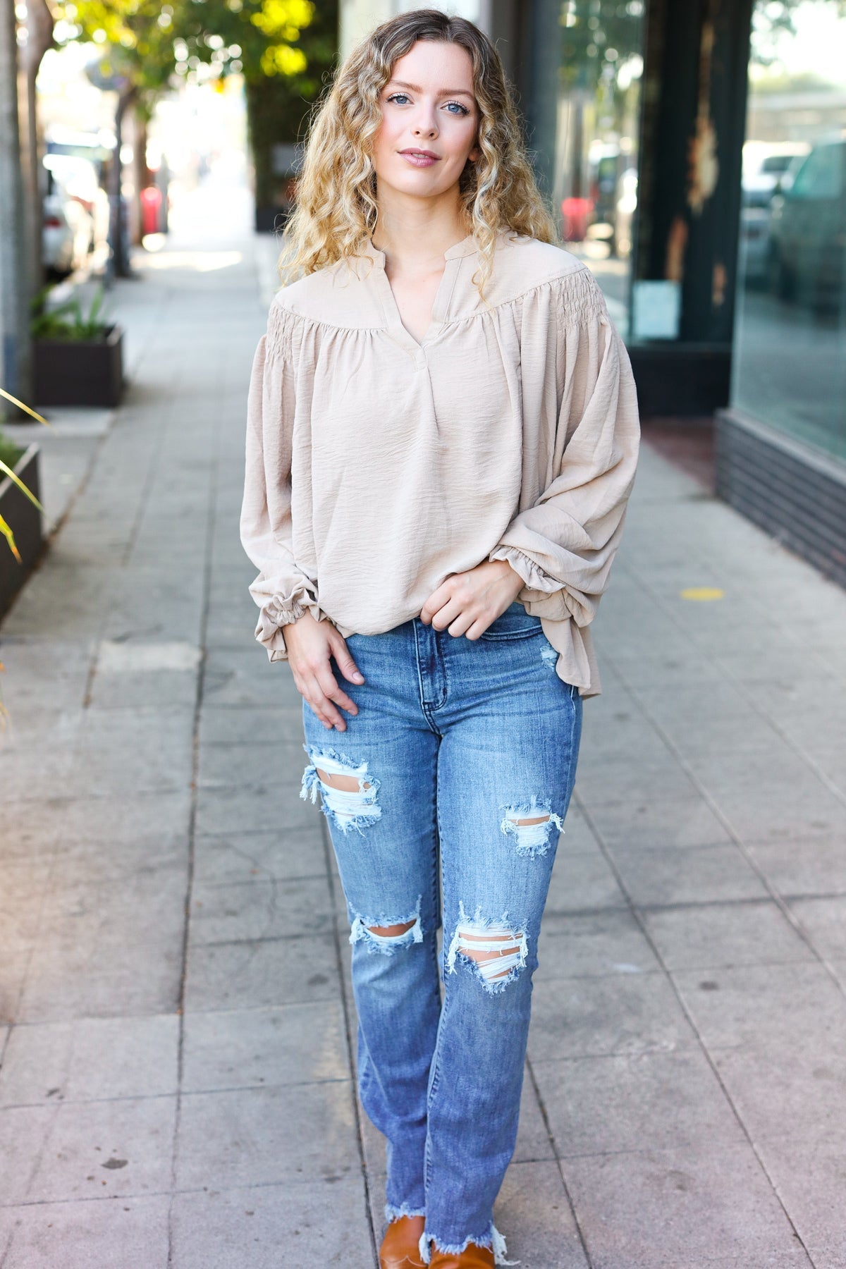 Taupe Notched Neck Smocked Bubble Sleeve Top