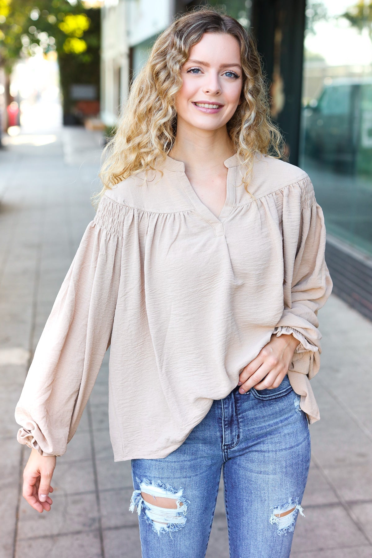 Taupe Notched Neck Smocked Bubble Sleeve Top