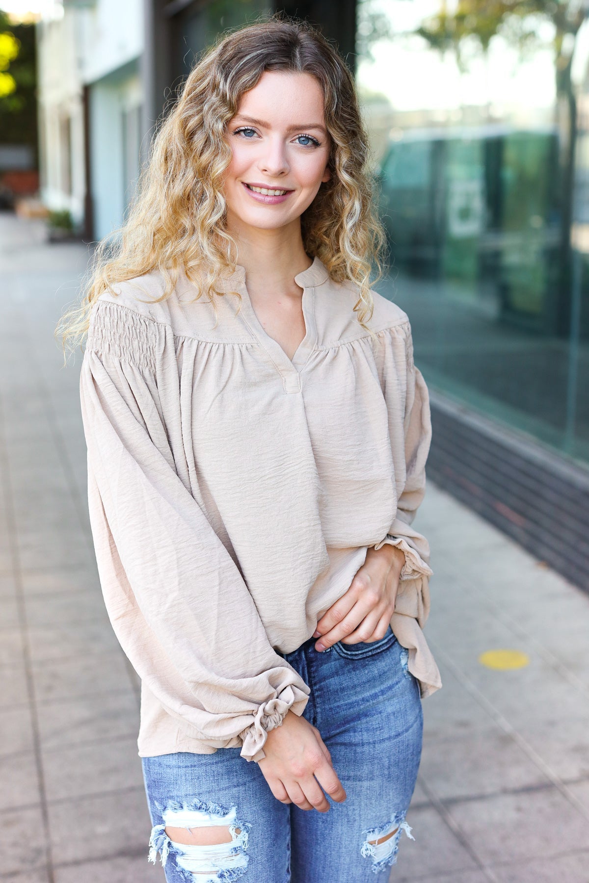 Taupe Notched Neck Smocked Bubble Sleeve Top