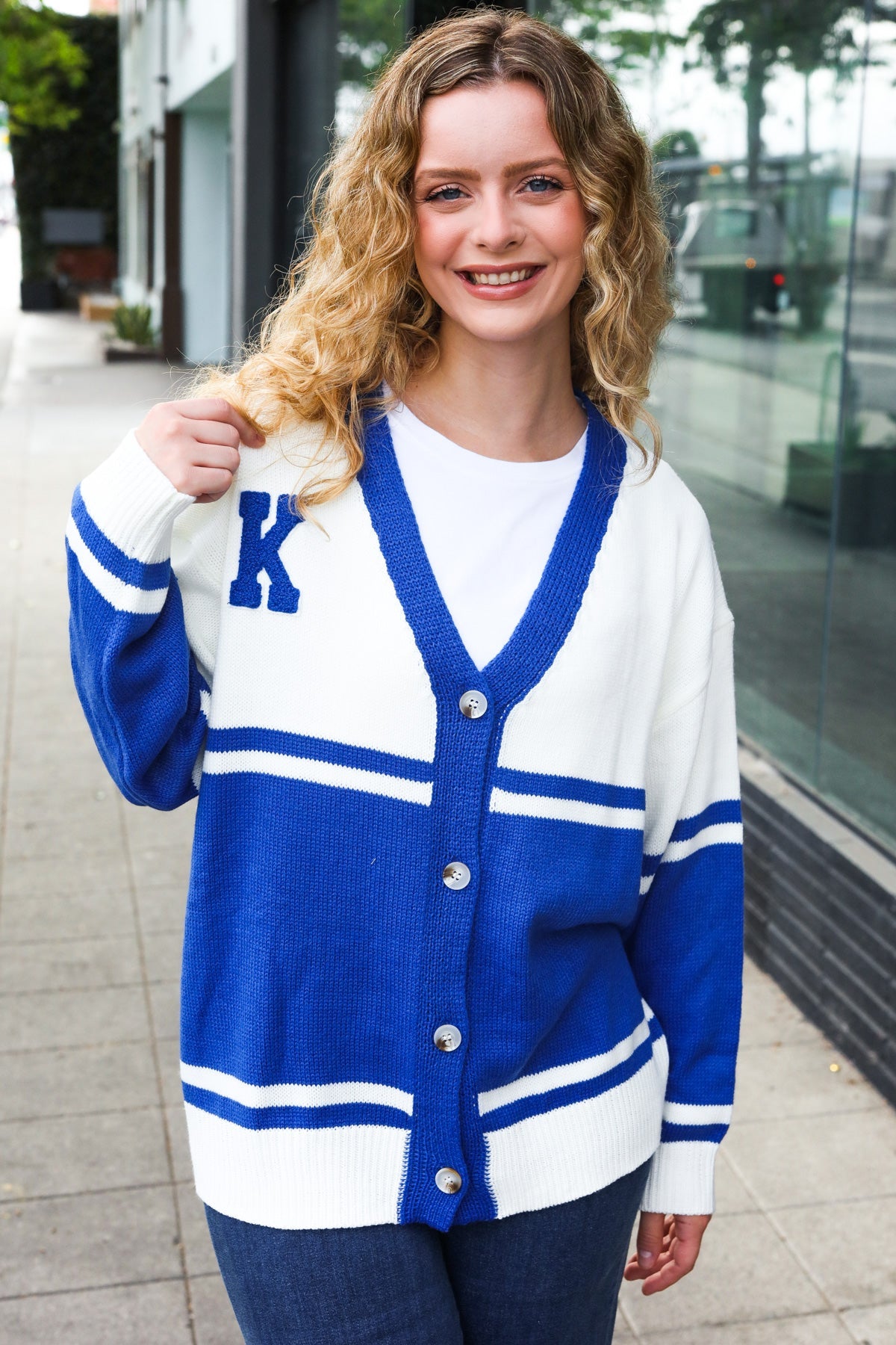 Blue "K" Embroidered Cardigan