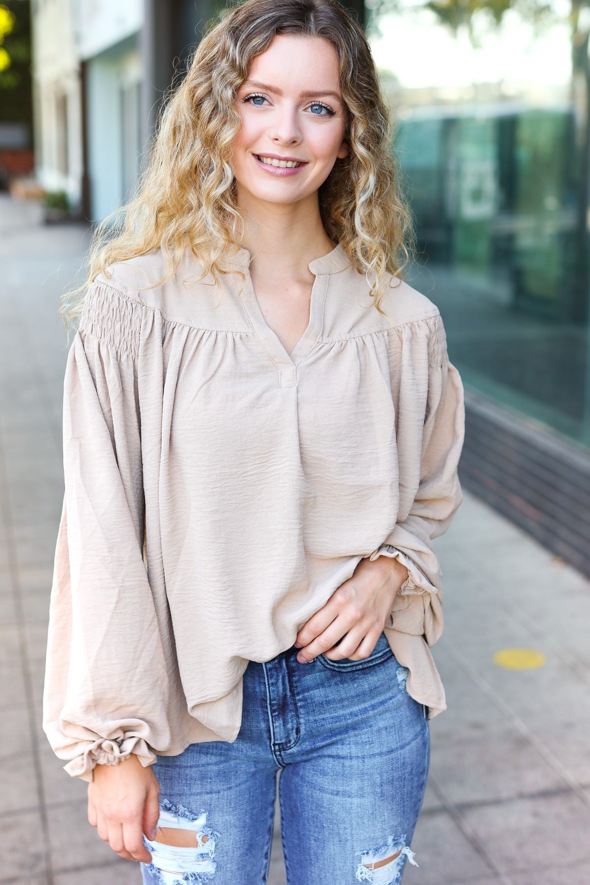 Taupe Notched Neck Smocked Bubble Sleeve Top