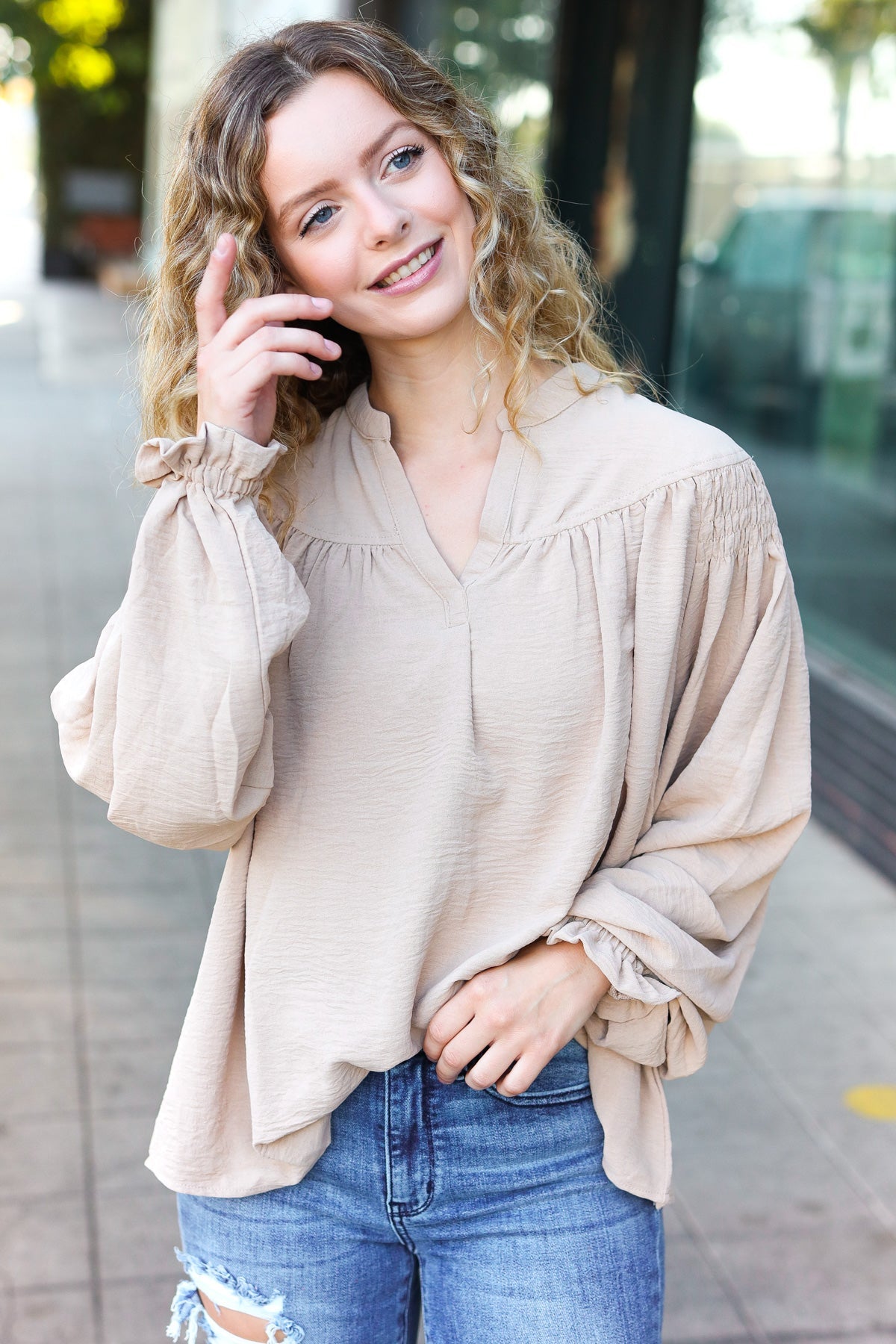 Taupe Notched Neck Smocked Bubble Sleeve Top