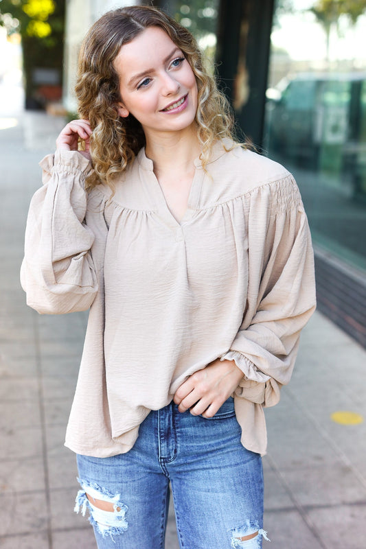 Taupe Notched Neck Smocked Bubble Sleeve Top