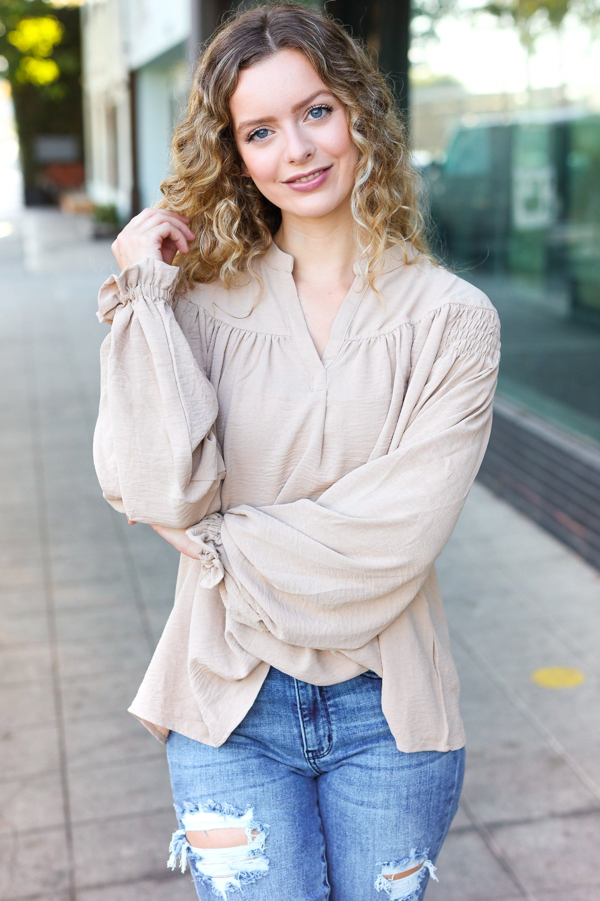 Taupe Notched Neck Smocked Bubble Sleeve Top