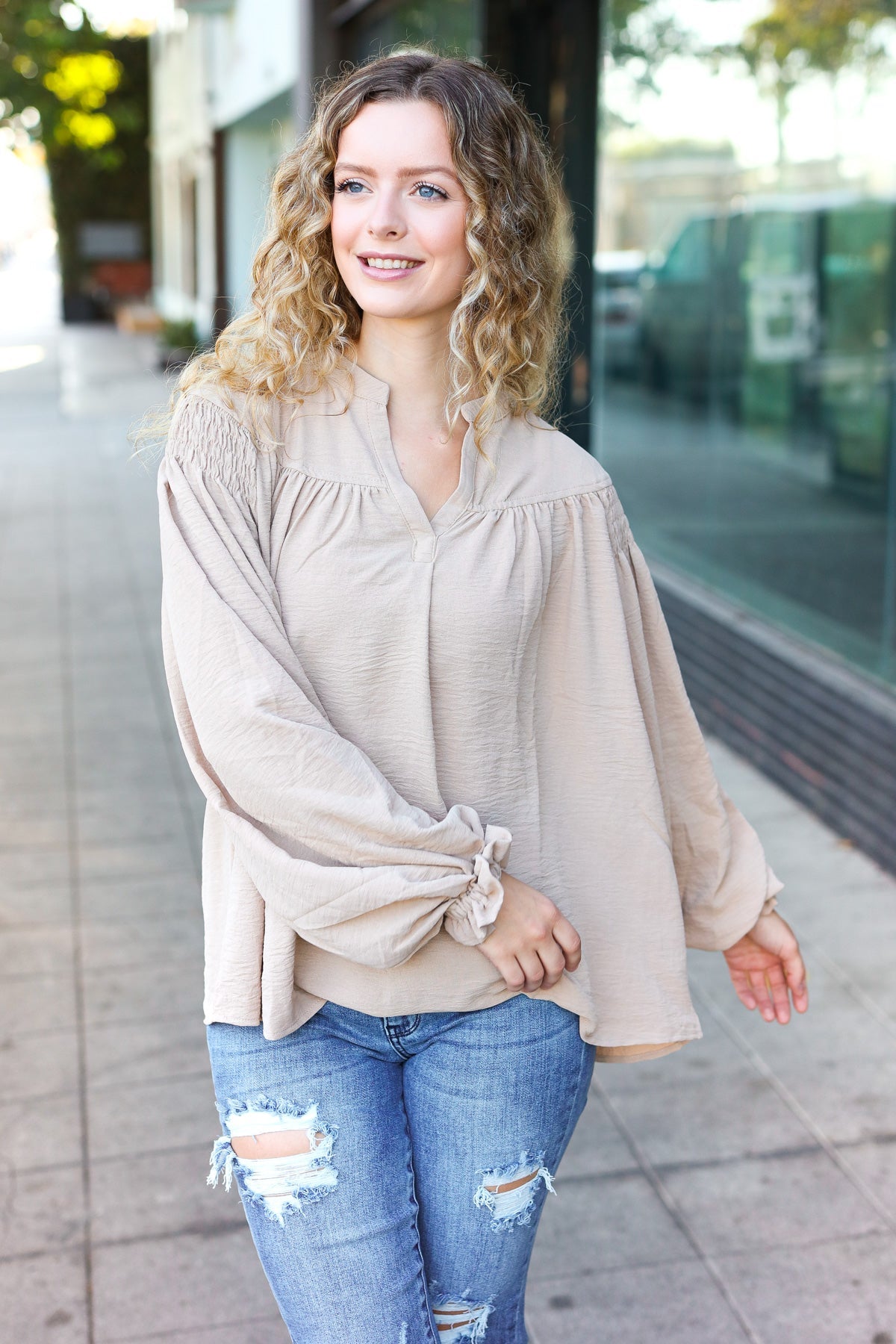 Taupe Notched Neck Smocked Bubble Sleeve Top