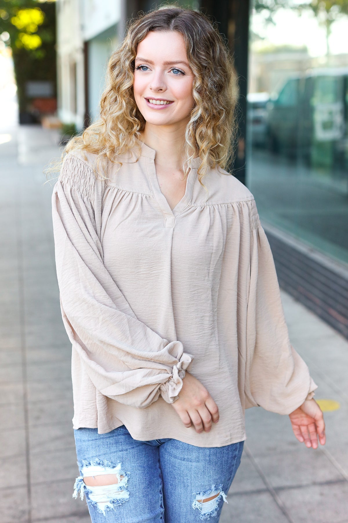 Taupe Notched Neck Smocked Bubble Sleeve Top