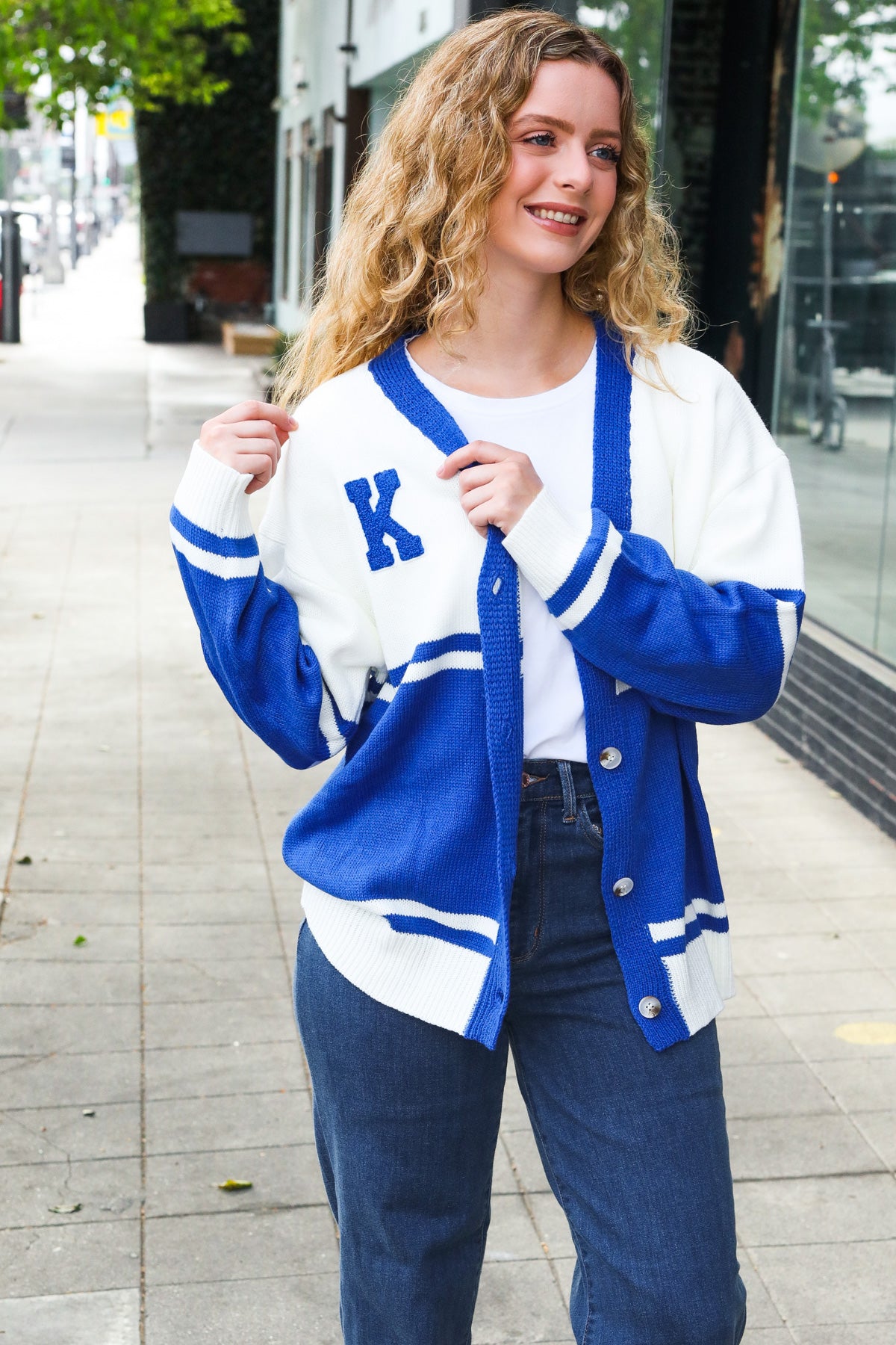 Blue "K" Embroidered Cardigan