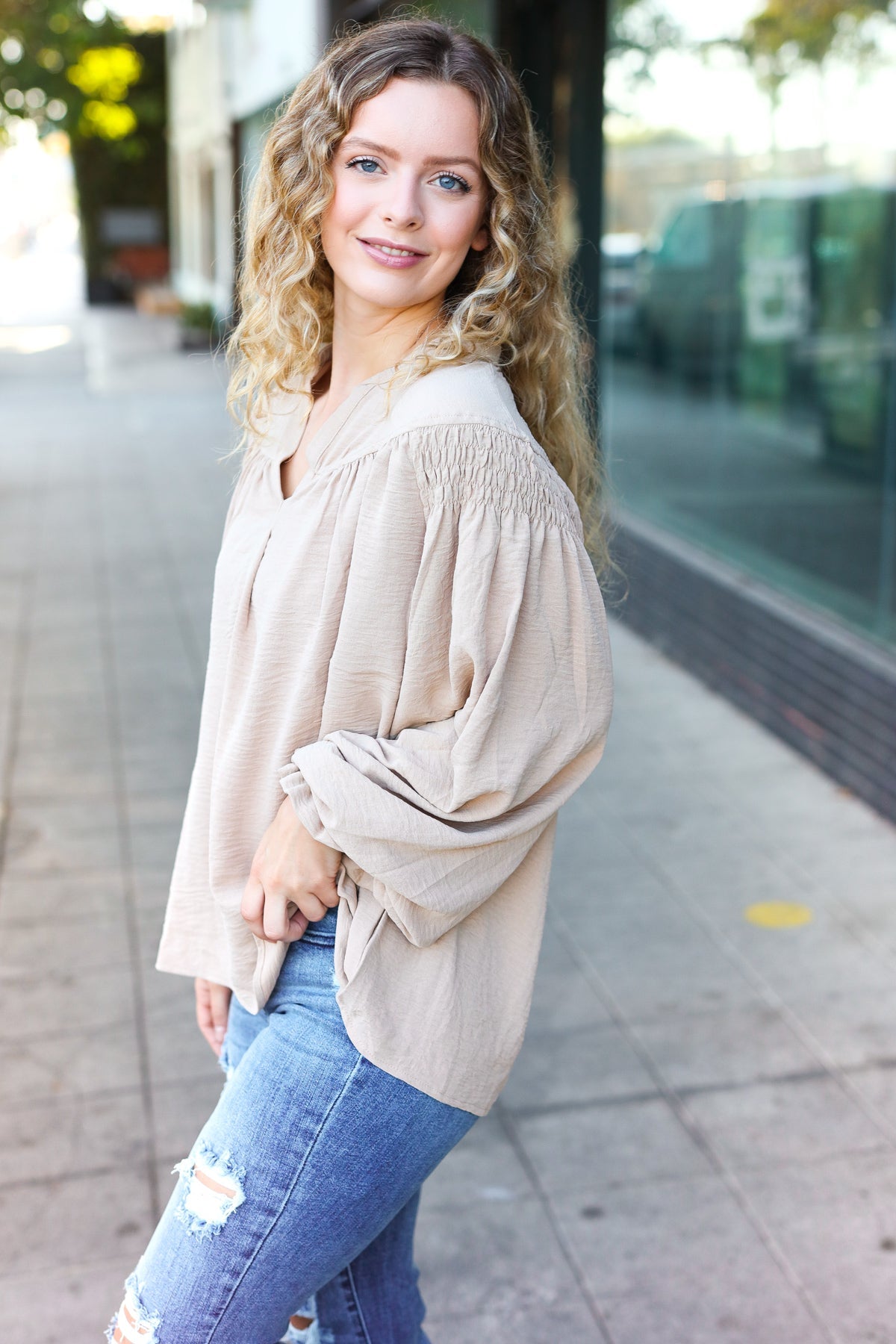 Taupe Notched Neck Smocked Bubble Sleeve Top