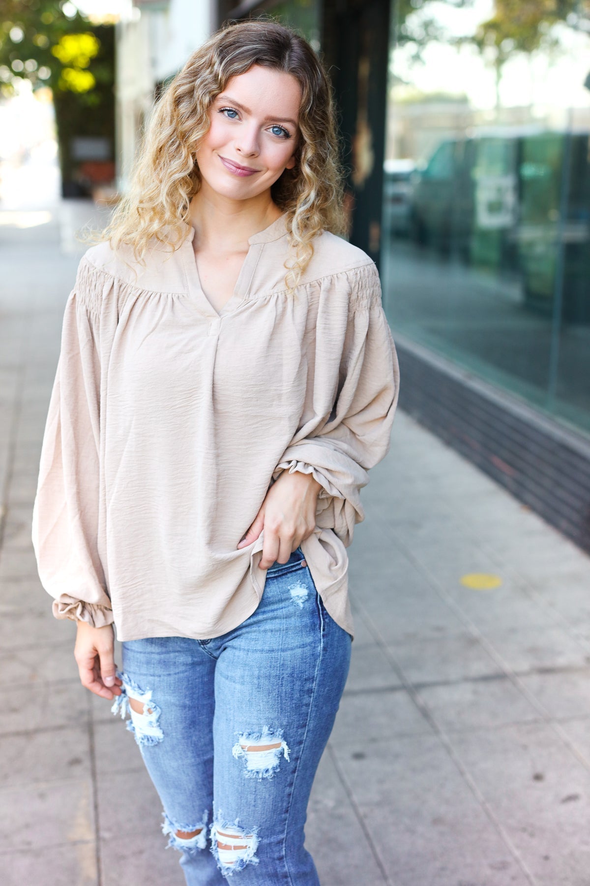 Taupe Notched Neck Smocked Bubble Sleeve Top