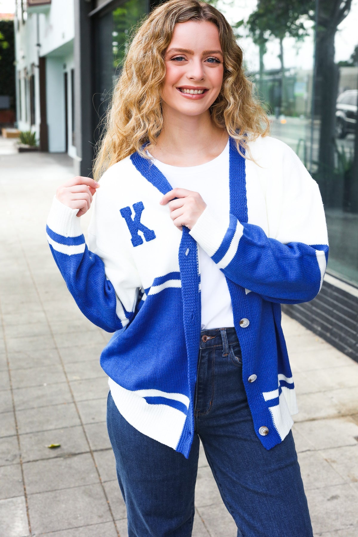 Blue "K" Embroidered Cardigan