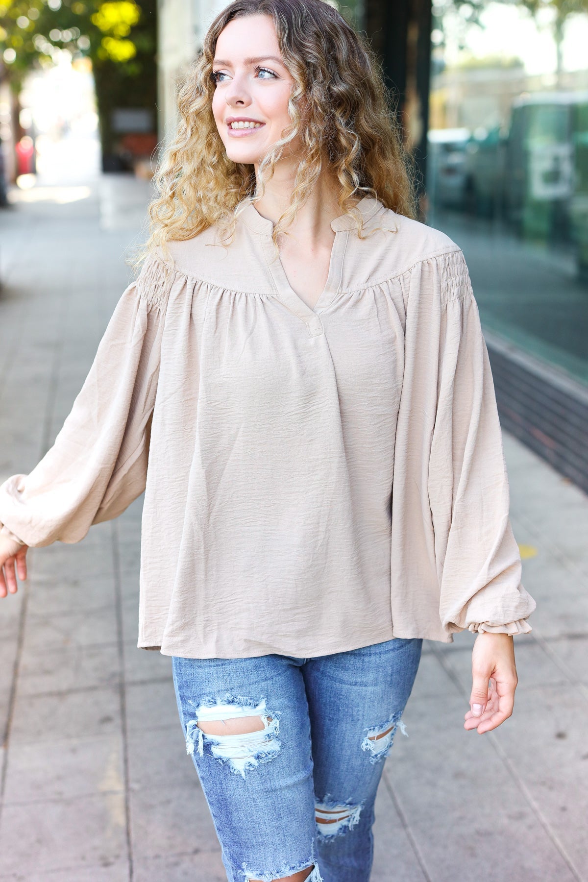 Taupe Notched Neck Smocked Bubble Sleeve Top