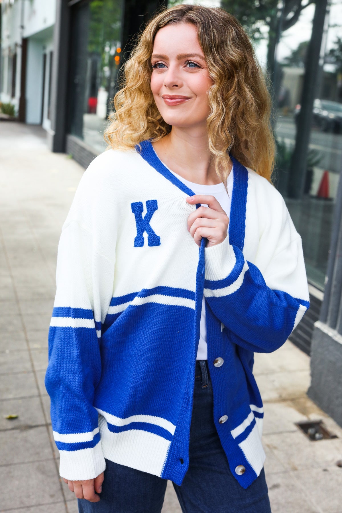 Blue "K" Embroidered Cardigan