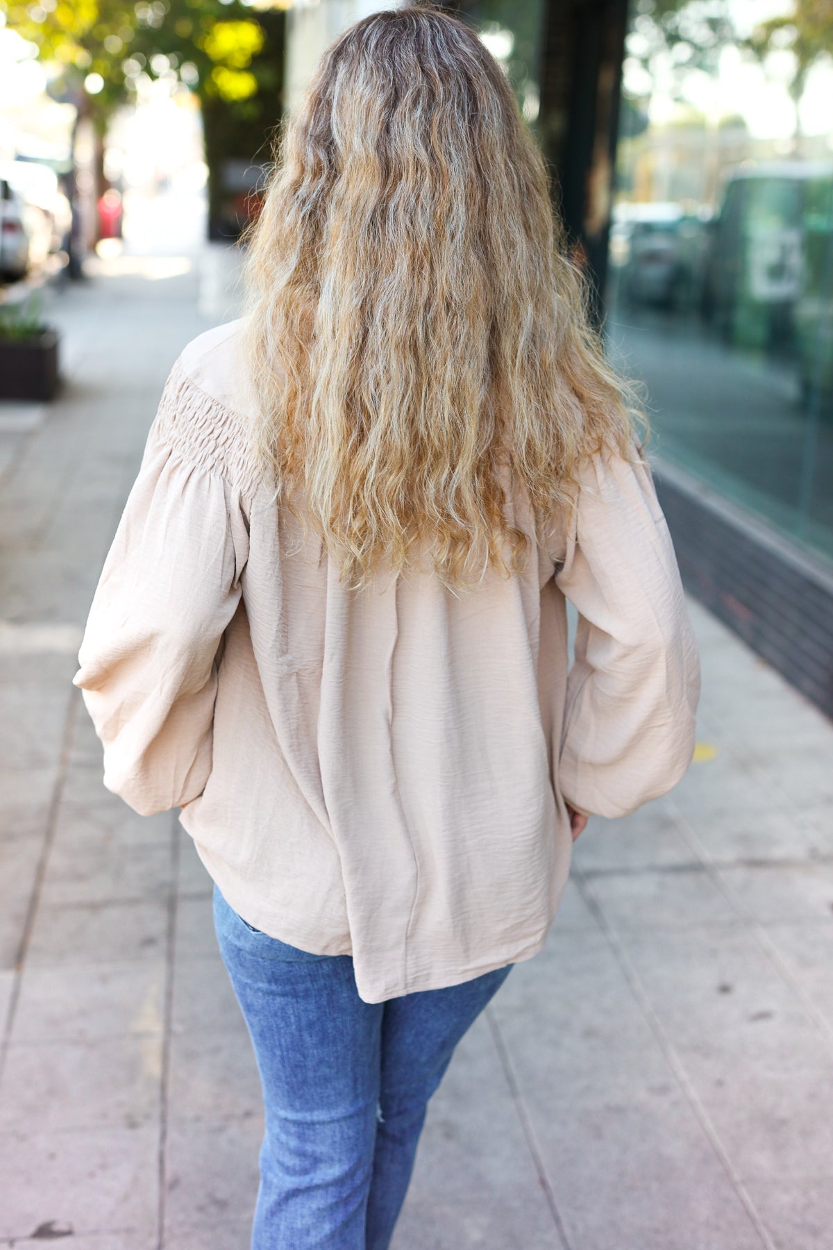 Taupe Notched Neck Smocked Bubble Sleeve Top