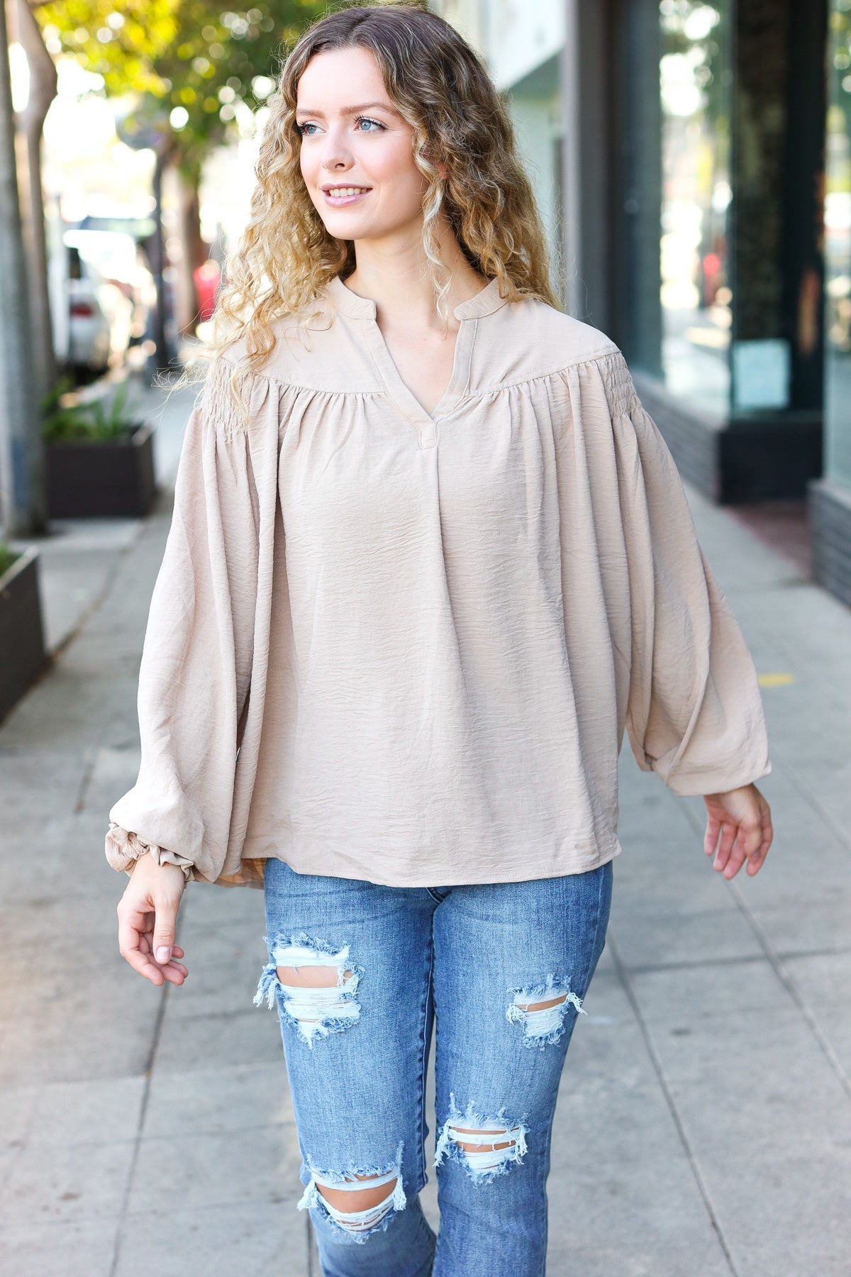 Taupe Notched Neck Smocked Bubble Sleeve Top