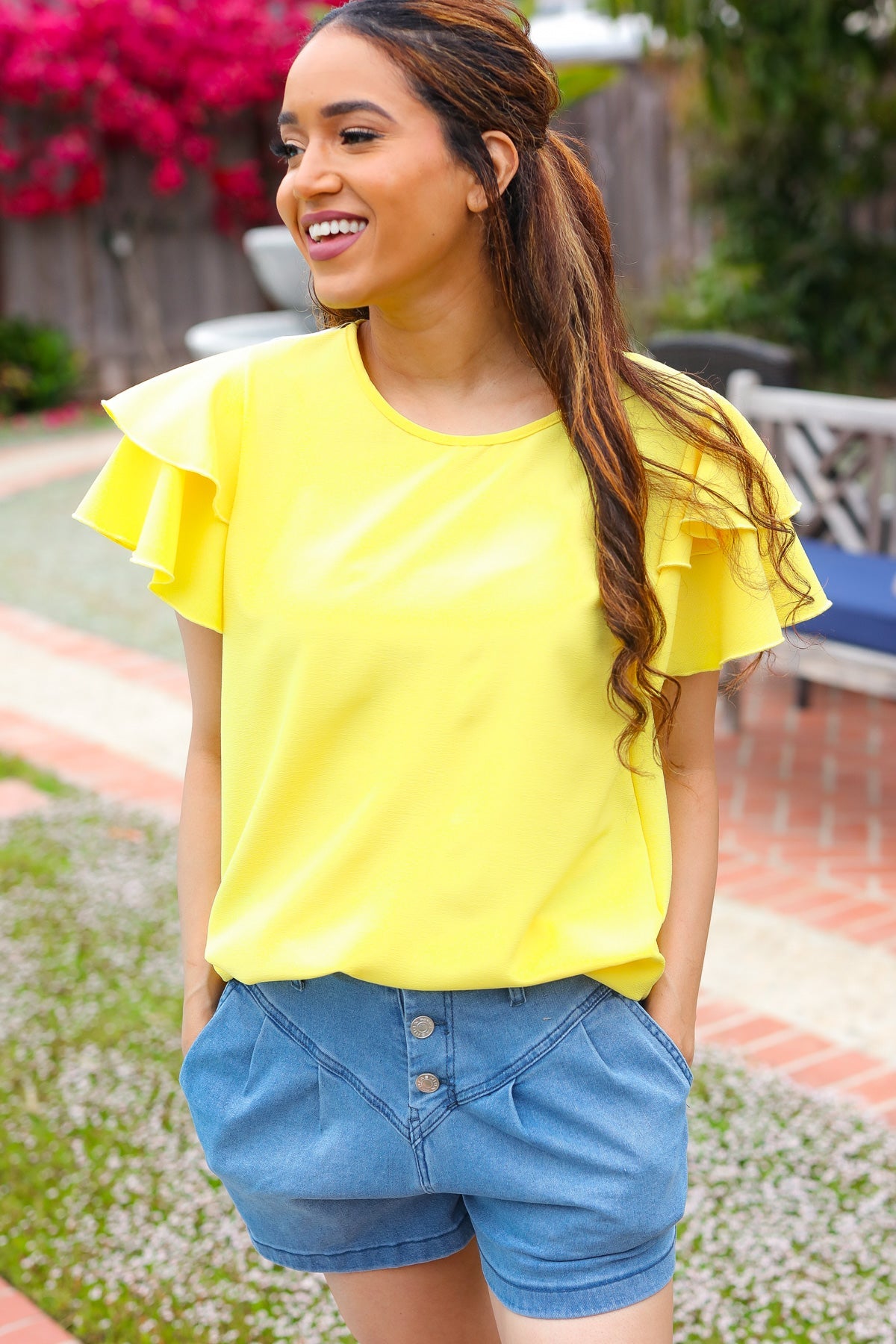 Yellow Tiered Double Ruffle Sleeve Woven Top