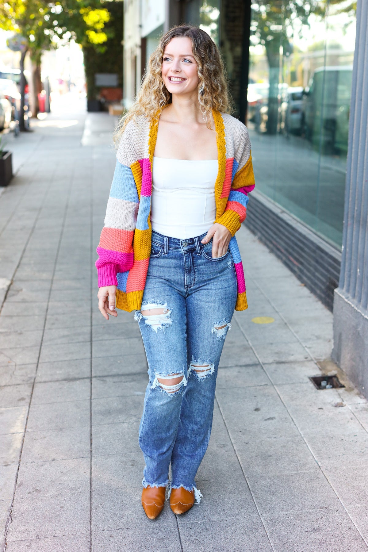 Multicolor Chunky Knit Color Block Patchwork Cardigan