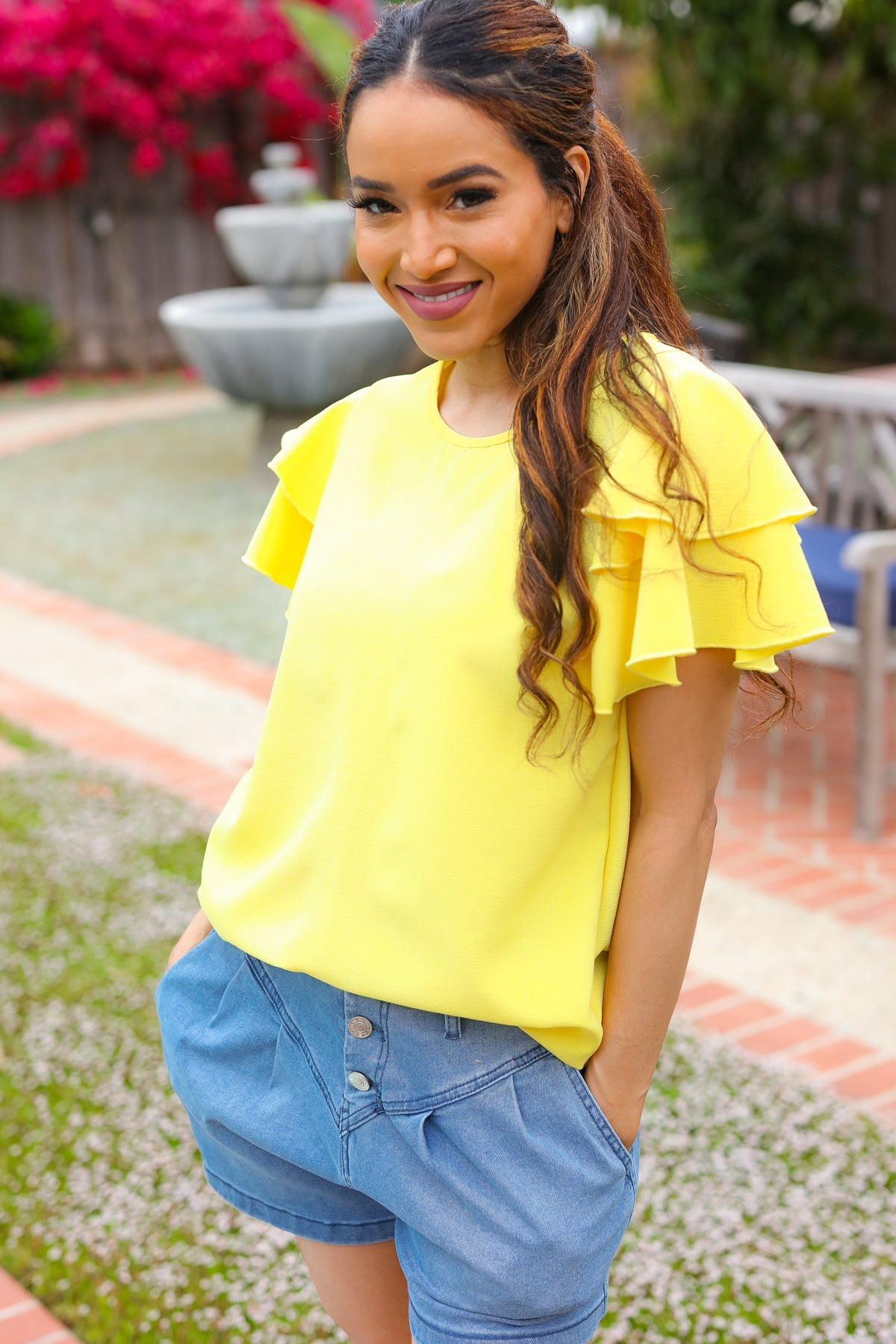 Yellow Tiered Double Ruffle Sleeve Woven Top