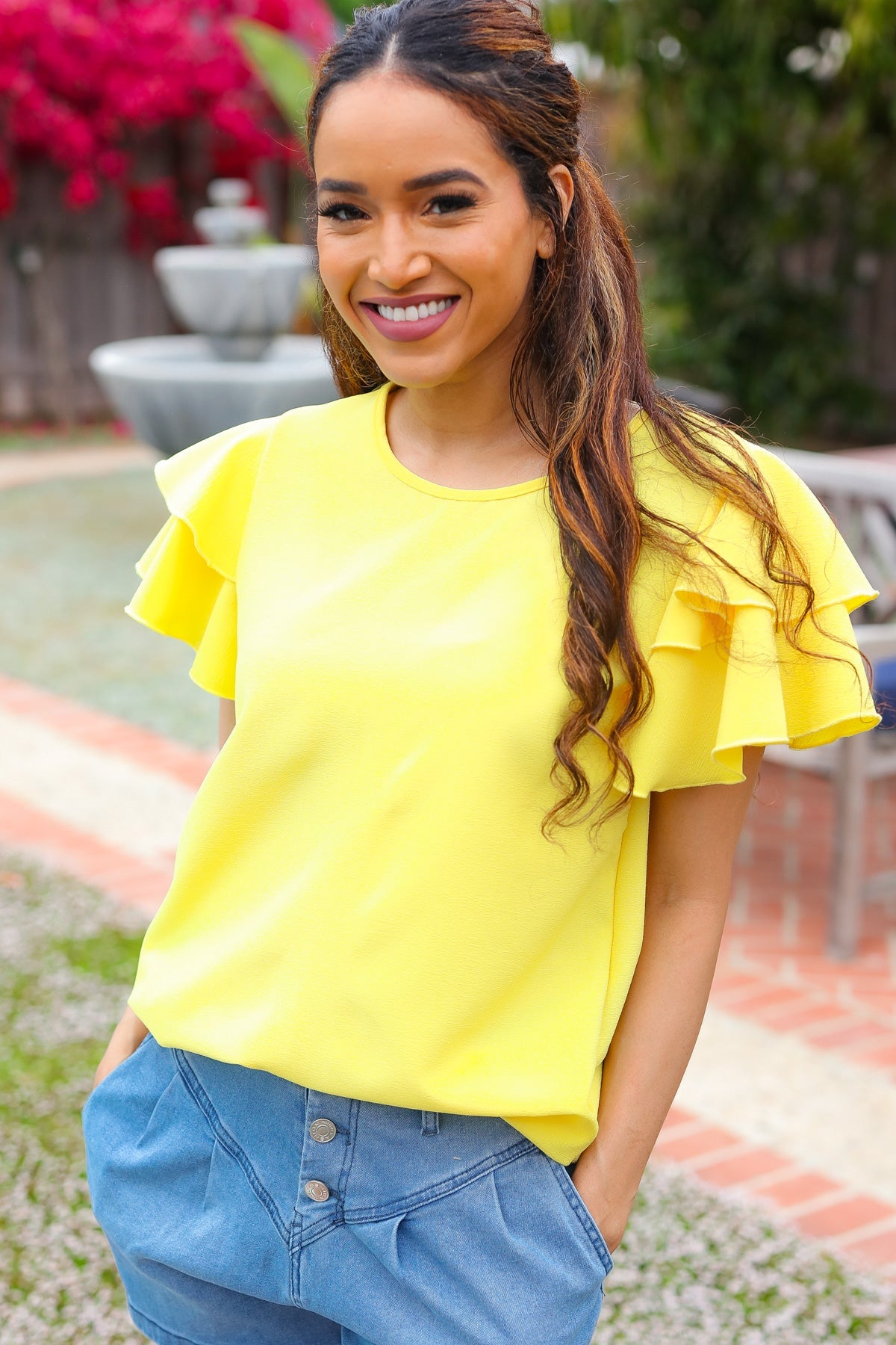 Yellow Tiered Double Ruffle Sleeve Woven Top