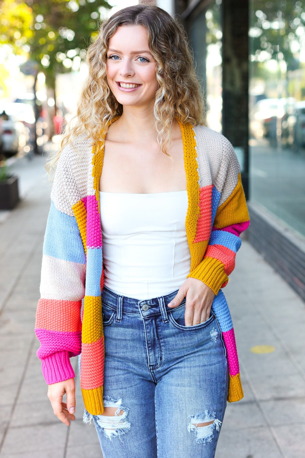 Multicolor Chunky Knit Color Block Patchwork Cardigan